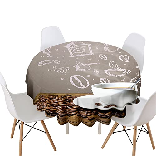 Highdi Rund Tischdecke Abwaschbar, 3D Kaffee Druck Wasserdicht Lotuseffekt Antifouling Rund Tischdecken Polyester Tischtuch für Küche Dekoration Garten (Durchmesser 150cm,Gekritzel Kaffee) von Highdi