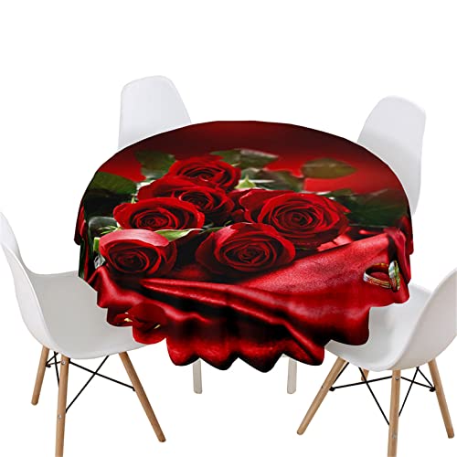 Highdi Rund Tischdecke Abwaschbar, 3D Rosen Druck Wasserdicht Lotuseffekt Antifouling Rund Tischdecken Polyester Tischtuch für Home Küche Dekoration Garten (Durchmesser 160cm,Rot elegant) von Highdi