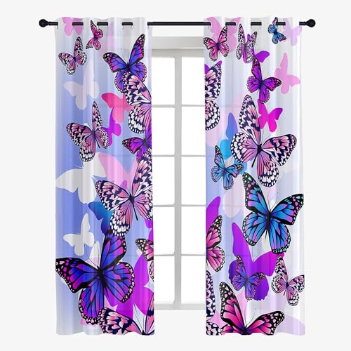Highdi Schmetterlingsmuster Voile Vorhänge mit Ösen 2er Set, Transparente Gardinen für Wohnzimmer Ösenschal Halbtransparent Ösenvorhang für Schlafzimmer (lila Schmetterling,W132 x H182 cm) von Highdi