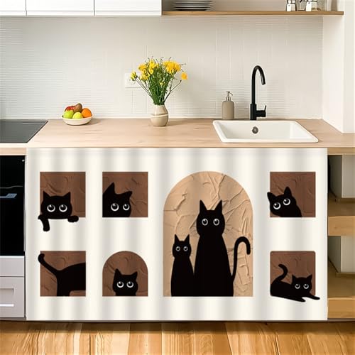 Highdi Schrankvorhang Staubdichter Schrank Vorhang Selbstklebend Privatsphäre Schrankgardine für Küche, Kleiderschrank, Bücherregal (Schwarze Katze,B140xH100cm) von Highdi