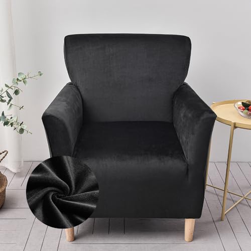 Highdi Sesselbezug aus Samt Weich Stretch Sofabezug mit Armlehnen rutschfest Sofa Überzug 1 Sitzer, Sesselschoner Sesselhusse für Relax-Sessel Cocktailsessel Clubsessel (Schwarz) von Highdi