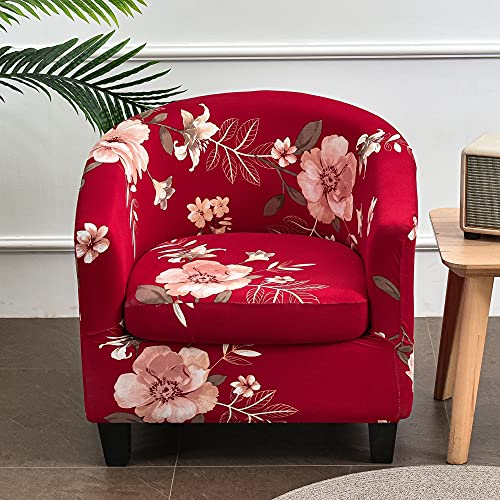 Highdi Sesselschoner 2 Teilige Blumendruck Sesselbezug, Stretch Tub Chair Sesselhussen mit Armlehne, Club Sesselüberwurf für Clubsessel Loungesessel Cocktailsessel (Rot) von Highdi