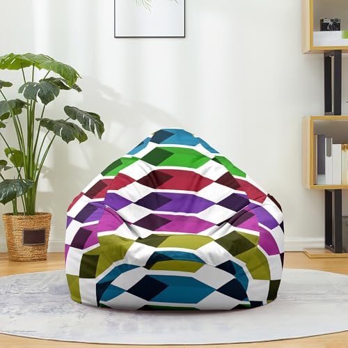 Highdi Sitzsack für Kinder Erwachsene Sitzkissen Weicher Flauschiger Sofabettbezug Ohne Füllung Gartenkissen Bodenkissen für Wohnzimmer Gaming -Mehrfarbige Geometrie (Bunt,90x110cm) von Highdi