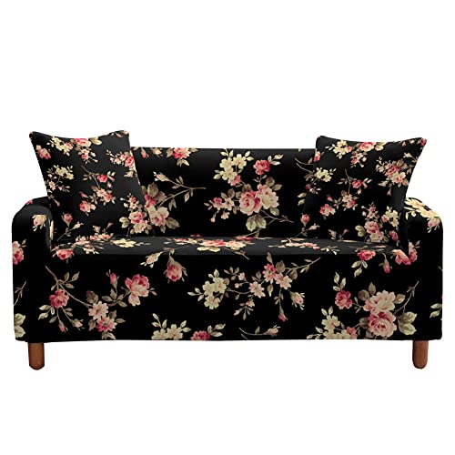 Highdi Sofabezug Sofaüberwürfe für 1/2/3/4 Sitzer, Blume Armlehnen Sofa Cover Elastisch Stretch Antirutsch Sofa Cover Sofahusse Couchbezug Möbelschutz (3 Sitzer,Schwarz geblümt) von Highdi