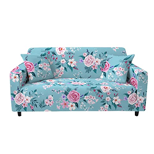 Highdi Sofabezug Sofaüberwürfe für 1/2/3/4 Sitzer, Blumen Drucken Armlehnen Sofa Cover Elastisch Stretch Antirutsch Sofa Cover Sofahusse Couchbezug Möbelschutz (3 Sitzer,Blau) von Highdi