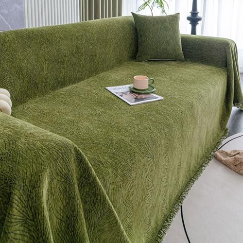 Highdi Sofadecke Chenille, 1 2 3 4 Sitzer Sofa Überzug L Form Sofabezug Ecksofa Universelle, Blattmuster rutschfeste Couch Überzug Einteiliger Vielseitige Sofa Cover Decke (180x480cm,Grün) von Highdi