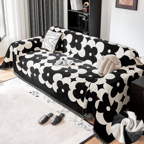 Highdi Sofadecke Chenille, Modern Blumenmuster 1 2 3 4 Sitzer Sofa Überzug L Form Sofabezug Ecksofa Universelle rutschfeste Couch Überzug Einteiliger Vielseitige Decke (Schwarz,180x180cm) von Highdi
