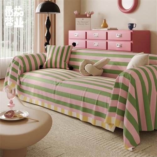 Highdi Sofaüberwurf Dopamin-Stil Farbige Streifen Sofabezug für 1 2 3 4 Sitzer Ecksofa Einteiliger Weich Universal Sofaschoner als Sofadecke, Couch Überwürf, Tagesdecke (180x130cm,Rosa Grün) von Highdi