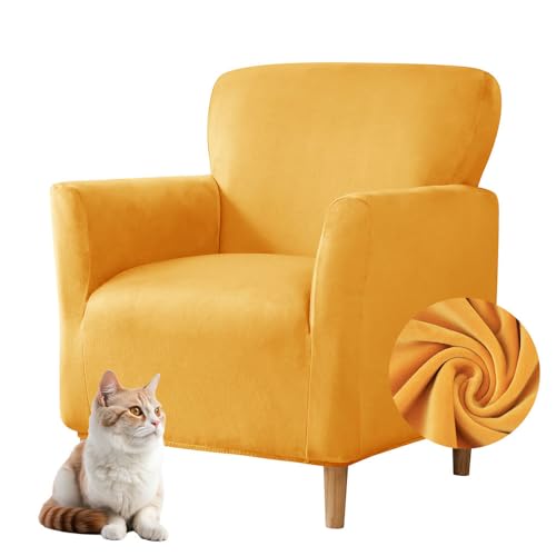 Highdi Stretch Sesselbezug Samt Sesselhusse Sesselschoner rutschfest mit Armlehnen, Sofa Überzug 1 Sitzer Sesselüberwurf für Relax-Sessel, Cocktailsessel, Clubsessel, Universal (Gold) von Highdi