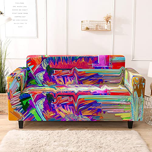 Highdi Stretch Sofabezug,3D Abstraktes Kunst Ölgemälde Sofaüberwurf Abdeckung Waschbar rutschfest Sofahusse Spandex Couchbezug für Wohnzimmer Möbelschutz (bunt,3-Sitzer: 190-230 cm) von Highdi