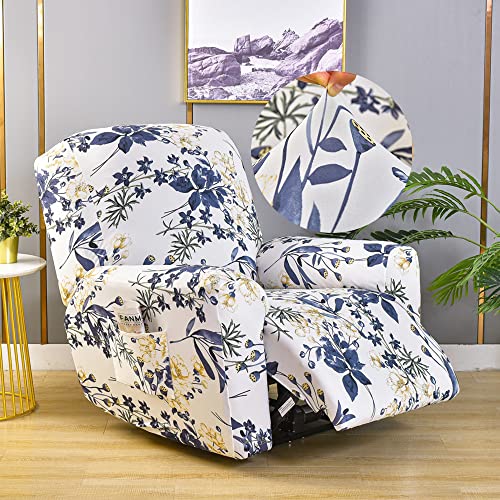 Highdi Stretchhusse für Relaxsessel Komplett Sesselschoner Blumen Bedruckter Sesselbezug 4-teilige Stretch Relaxsessel Bezüge für Fernsehsessel, Recliner Sesse, Schaukelstuhl (Blaue Blumenrebe) von Highdi