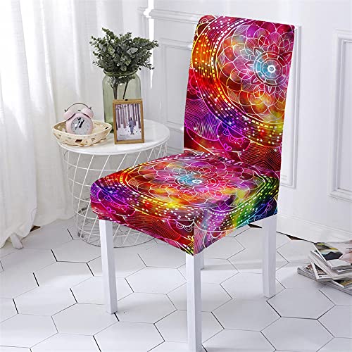 Highdi Stuhlhussen 3D Mehrfarbiges Mandala Stretch Universal Spannbezug Stuhlbezug Abnehmbare Waschbar Weiche Elastisch Stuhl Hussen für Esszimmer Bankett Hotel Dekoration (Rot,4 er Set) von Highdi