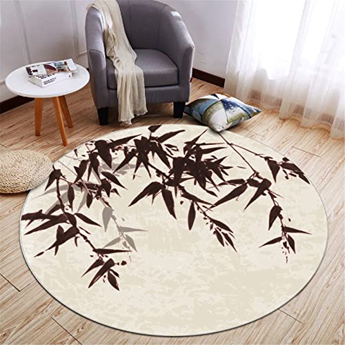 Highdi Teppich Rund Modern rutschfest Waschbar Schlafzimmer Teppiche, Chinesisch Retro Innenbereich Polyester Runder Teppich fürs Wohnzimmer Kinderzimmer Büro (140cm,Bambusblätter) von Highdi