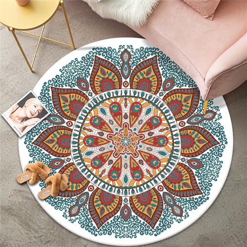 Highdi Teppich Rund Modern rutschfest Waschbar Schlafzimmer Teppiche, Elegantes Mandala Innenbereich Runder Teppich fürs Wohnzimmer, Flur, Kinderzimmer, Büro (120cm,Weiß) von Highdi