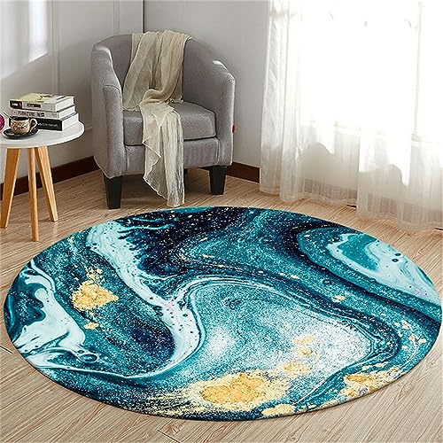 Highdi Teppich Rund Modern rutschfest Waschbar Schlafzimmer Teppiche, Innenbereich Marmor Muster Polyester Runder Teppich fürs Wohnzimmer Flur Kinderzimmer Büro (120cm,Blaues Gold) von Highdi