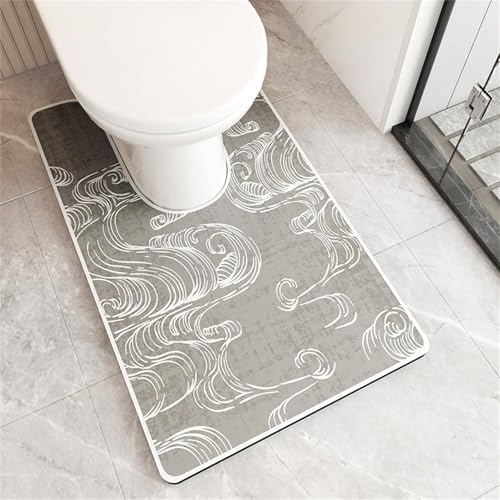 Highdi Teppich U Form Toilette, Kieselgur Saugfähig Schnelltrocknend Badematte Toilette rutschfest Wc Teppich U Form Vorleger Toilette Badteppiche für Badezimmer (Meereswellen,55x90cm) von Highdi