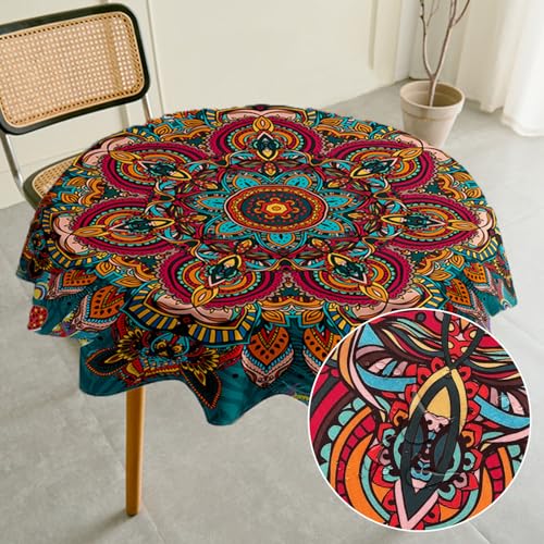 Highdi Tischdecke Abwaschbar Rund 150cm, Outdoor Tischdecken Wasserabweisend Lotuseffekt Mandala Table Cloth Modern tischdecke für Garten Restaurant, Ideal für 90cm-110cm von Highdi