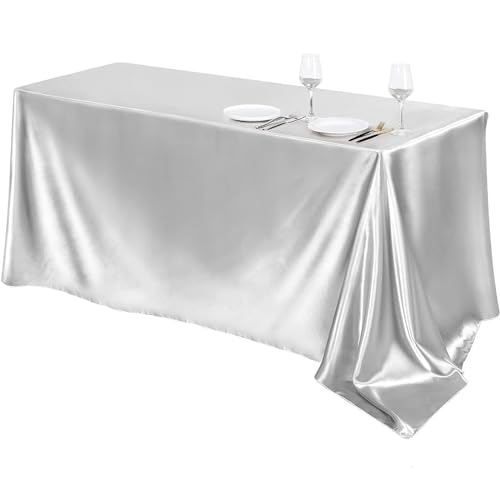 Highdi Tischdecke Satin Stoff, Abwaschbare Tischdecke Rechteckig Outdoor Tischdecke Party für Hochzeiten Hotels Bankette und Feiertage Dekoration (152x305CM,Silber) von Highdi