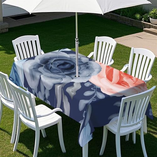 Highdi Tischdecke mit Loch in der Mitte, Abwaschbar Rechteckig Tischdecke mit Schirmloch Outdoor Tischdecke mit Reißverschluss Gartentischdecke für Sonnenschirm (213x152cm,Frühlingsblume 9) von Highdi