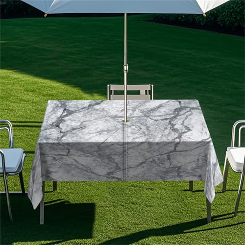 Highdi Tischdecke mit Loch in der Mitte, Abwaschbar Rechteckig Tischdecke mit Schirmloch Outdoor Tischdecke mit Reißverschluss Gartentischdecke für Sonnenschirm (213x152cm,Nebel 5) von Highdi