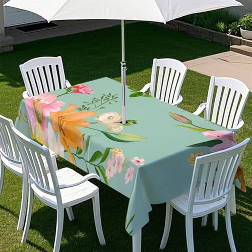 Highdi Tischdecke mit Loch in der Mitte, Abwaschbar Rechteckig Tischdecke mit Schirmloch Outdoor Tischdecke mit Reißverschluss Gartentischdecke für Sonnenschirm (259x152cm,Kunst-Illustration 4) von Highdi