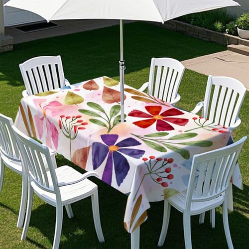 Highdi Tischdecke mit Loch in der Mitte, Abwaschbar Rechteckig Tischdecke mit Schirmloch Outdoor Tischdecke mit Reißverschluss Gartentischdecke für Sonnenschirm (259x152cm,Kunst-Illustration 6) von Highdi
