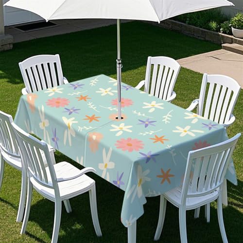 Highdi Tischdecke mit Loch in der Mitte, Abwaschbar Rechteckig Tischdecke mit Schirmloch Outdoor Tischdecke mit Reißverschluss Gartentischdecke für Sonnenschirm (Blattmotiv 7,259x152cm) von Highdi