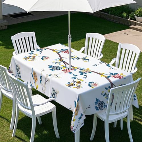 Highdi Tischdecke mit Loch in der Mitte, Abwaschbar Rechteckig Tischdecke mit Schirmloch Outdoor Tischdecke mit Reißverschluss Gartentischdecke für Sonnenschirm (Frühjahr 3,213x152cm) von Highdi
