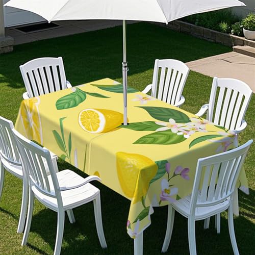 Highdi Tischdecke mit Loch in der Mitte, Abwaschbar Rechteckig Tischdecke mit Schirmloch Outdoor Tischdecke mit Reißverschluss Gartentischdecke für Sonnenschirm (Goldene Zitrone 2,259x152cm) von Highdi