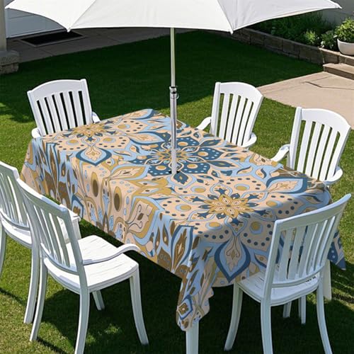 Highdi Tischdecke mit Loch in der Mitte, Abwaschbar Rechteckig Tischdecke mit Schirmloch Outdoor Tischdecke mit Reißverschluss Gartentischdecke für Sonnenschirm (Klassisch 1,213x152cm) von Highdi