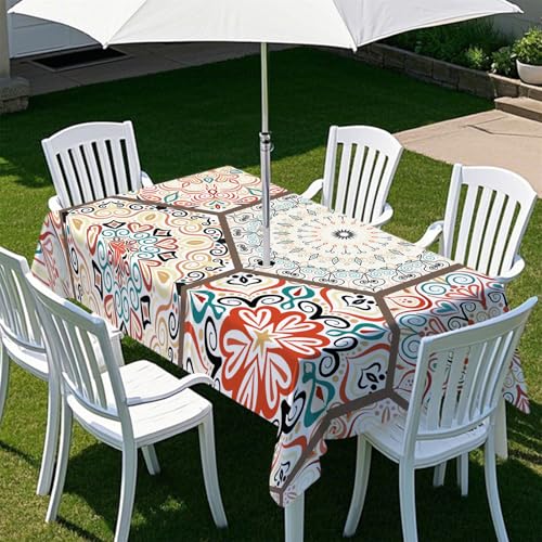 Highdi Tischdecke mit Loch in der Mitte, Abwaschbar Rechteckig Tischdecke mit Schirmloch Outdoor Tischdecke mit Reißverschluss Gartentischdecke für Sonnenschirm (Klassisch 5,259x152cm) von Highdi