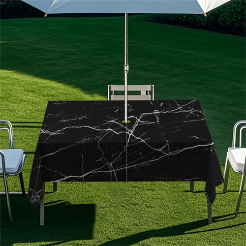 Highdi Tischdecke mit Loch in der Mitte, Abwaschbar Rechteckig Tischdecke mit Schirmloch Outdoor Tischdecke mit Reißverschluss Gartentischdecke für Sonnenschirm (Moderner Marmor 1,213x152cm) von Highdi