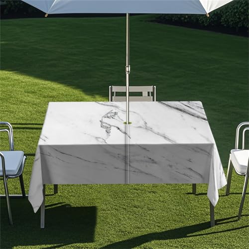 Highdi Tischdecke mit Loch in der Mitte, Abwaschbar Rechteckig Tischdecke mit Schirmloch Outdoor Tischdecke mit Reißverschluss Gartentischdecke für Sonnenschirm (Moderner Marmor 2,213x152cm) von Highdi