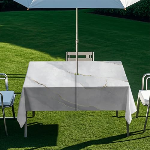 Highdi Tischdecke mit Loch in der Mitte, Abwaschbar Rechteckig Tischdecke mit Schirmloch Outdoor Tischdecke mit Reißverschluss Gartentischdecke für Sonnenschirm (Moderner Marmor 3,213x152cm) von Highdi