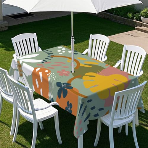 Highdi Tischdecke mit Loch in der Mitte, Abwaschbar Rechteckig Tischdecke mit Schirmloch Outdoor Tischdecke mit Reißverschluss Gartentischdecke für Sonnenschirm (Niedliches Motiv 5,213x152cm) von Highdi