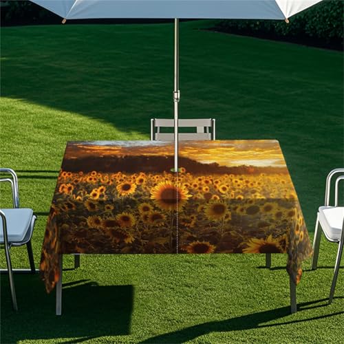 Highdi Tischdecke mit Loch in der Mitte, Abwaschbar Rechteckig Tischdecke mit Schirmloch Outdoor Tischdecke mit Reißverschluss Gartentischdecke für Sonnenschirm (Sonnenblume 3,213x152cm) von Highdi