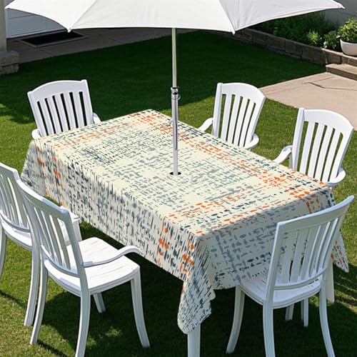 Highdi Tischdecke mit Loch in der Mitte, Abwaschbar Rechteckig Tischdecke mit Schirmloch Outdoor Tischdecke mit Reißverschluss Gartentischdecke für Sonnenschirm (Streifen Plaid 1,213x152cm) von Highdi