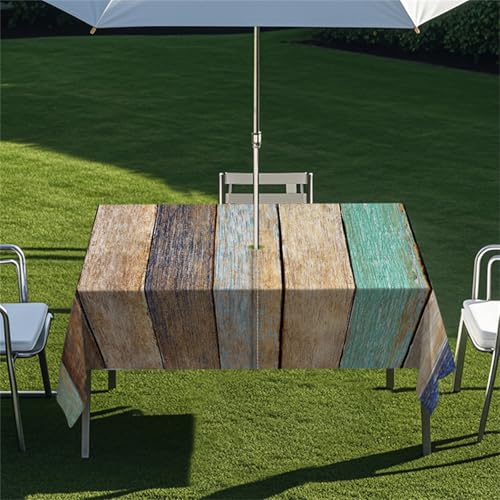 Highdi Tischdecke mit Loch in der Mitte, Abwaschbar Rechteckig Tischdecke mit Schirmloch Outdoor Tischdecke mit Reißverschluss Gartentischdecke für Sonnenschirm (Vintage Holz 10,213x152cm) von Highdi