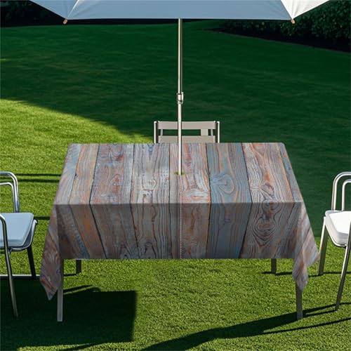 Highdi Tischdecke mit Loch in der Mitte, Abwaschbar Rechteckig Tischdecke mit Schirmloch Outdoor Tischdecke mit Reißverschluss Gartentischdecke für Sonnenschirm (Vintage Holz 7,259x152cm) von Highdi