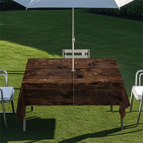 Highdi Tischdecke mit Loch in der Mitte, Abwaschbar Rechteckig Tischdecke mit Schirmloch Outdoor Tischdecke mit Reißverschluss Gartentischdecke für Sonnenschirm (Vintage Holz 8,259x152cm) von Highdi