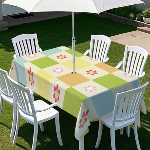 Highdi Tischdecke mit Loch in der Mitte, Abwaschbar Rechteckig Tischdecke mit Schirmloch Outdoor Tischdecke mit Reißverschluss Gartentischdecke für Sonnenschirm (Wunderschöne Blume 9,259x152cm) von Highdi