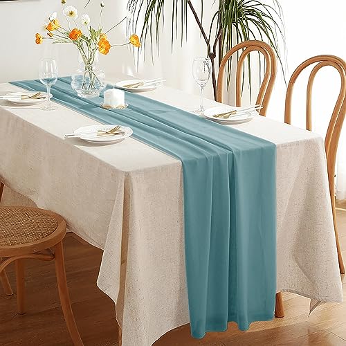 Highdi Tischläufer Modern Esszimmer Frühling Lang Chiffon Tischläufer Pflegeleicht Waschbar Läufer für Esszimmer, Küche, Wohnzimmer, Urlaub, Esstischdekoration (48x140cm,Türkis) von Highdi