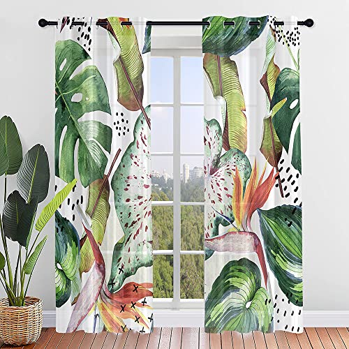 Highdi Tropische Pflanzen Voile Vorhänge mit Ösen 2er Set, Transparente Gardinen für Wohnzimmer Ösenschal Halbtransparent Ösenvorhang (W140 x H213 cm,Strelitzie) von Highdi