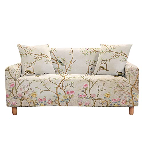 Highdi Vogel Blume Muster Sofabezug Sofaüberwürfe für 1/2/3/4 Sitzer, Armlehnen Sofa Cover Elastisch Stretch Antirutsch Sofa Cover Sofahusse Couchbezug Möbelschutz (Beige,2 Sitzer) von Highdi