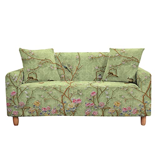 Highdi Vogel Blume Muster Sofabezug Sofaüberwürfe für 1/2/3/4 Sitzer, Armlehnen Sofa Cover Elastisch Stretch Antirutsch Sofa Cover Sofahusse Couchbezug Möbelschutz (Grün,2 Sitzer) von Highdi