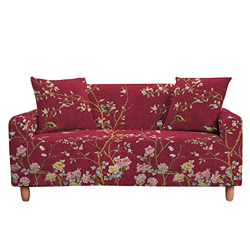 Highdi Vogel Blume Muster Sofabezug Sofaüberwürfe für 1/2/3/4 Sitzer, Armlehnen Sofa Cover Elastisch Stretch Antirutsch Sofa Cover Sofahusse Couchbezug Möbelschutz (Rot,3 Sitzer) von Highdi