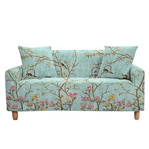 Highdi Vogel Blume Muster Sofabezug Sofaüberwürfe für 1/2/3/4 Sitzer, Armlehnen Sofa Cover Elastisch Stretch Antirutsch Sofa Cover Sofahusse Couchbezug Möbelschutz (Wassergrün,1 Sitzer) von Highdi