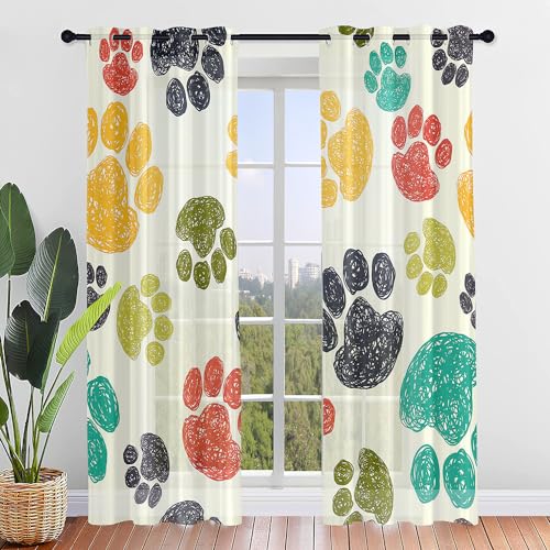 Highdi Voile Vorhänge mit Ösen 2er Set, Hundemuster Transparente Gardinen für Wohnzimmer Ösenschal Halbtransparent Ösenvorhang für Moderne Schlafzimmer (W140 x H244 cm,Hundepfote 2) von Highdi