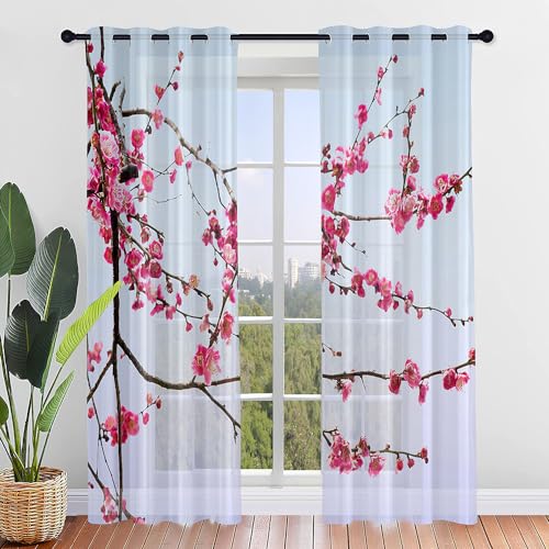 Highdi Voile Vorhänge mit Ösen 2er Set, Transparente Gardinen für Wohnzimmer Ösenschal Halbtransparent Ösenvorhang für Moderne Schlafzimmer,3D Pflaumenblüte (Schnee,W132 x H213 cm) von Highdi