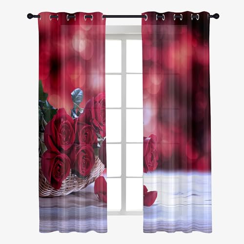Highdi Voile Vorhänge mit Ösen 2er Set, Transparente Gardinen für Wohnzimmer Ösenschal Halbtransparent Ösenvorhang für Moderne Schlafzimmer (W107 x H244 cm,Rote Rose) von Highdi
